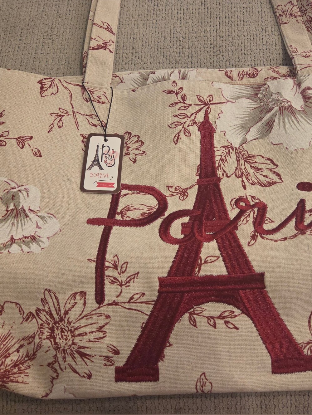 YaYa Aflalo Paris Embroidered Canvas Tote in Burgundy and Cream